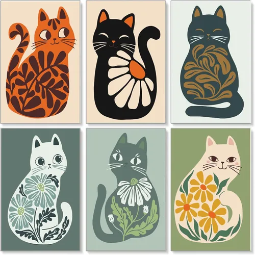 Miniatura 9 de Jethami Paquete de 6 pinturas por números para adultos principiantes, fácil de pintar con gato negro, kit de arte de lienzo para decoración de pared