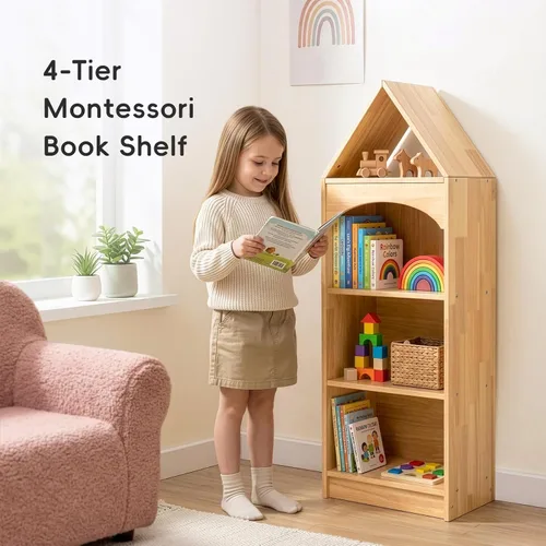 Miniatura 9 de OOOK Rubberwood Montessori - Estante organizador y almacenamiento de juguetes de 3 niveles, armario esquinero de madera para habitación de niños