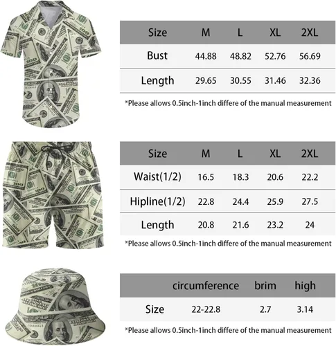 Miniatura 7 de ifamawlea Conjunto de 2 piezas para hombre, camisa hawaiana, pantalones cortos, camisa con botones y pantalones cortos con sombreros de pescador