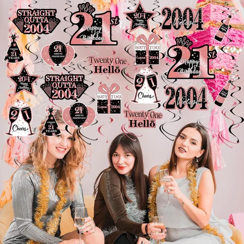 Miniatura 5 de MOORAY 36 piezas de decoración de cumpleaños negro dorado 21 espirales colgantes para hombres y mujeres, suministros de fiesta de feliz cumpleaños