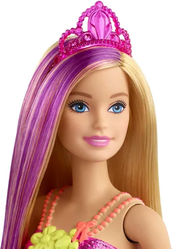 Miniatura 3 de Barbie Dreamtopia Royal Fashion Muñeca y accesorio, rubio con rayas moradas con falda rosa extraíble y diadema