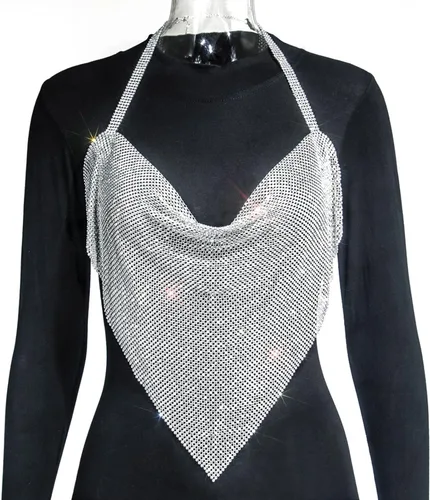 Miniatura 7 de JUMISEE Camiseta corta sin espalda con diamantes de imitación brillantes para mujer, cuello de capucha, sexy, con cadena, para fiesta, club nocturno