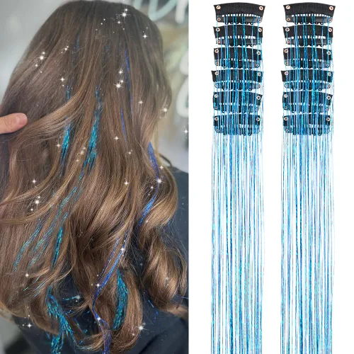 Miniatura 17 de Paquete de 12 extensiones de cabello de oropel con clip, paquete de 12 unidades, 20 pulgadas, extensiones de cabello de oropel con purpurina, negro#