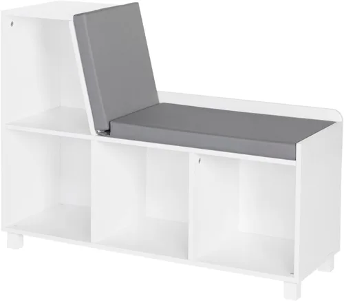 RiverRidge Rincón de lectura para niños y banco de almacenamiento de cubos blancos con asiento acolchado cómodo y organizador de juguetes, color