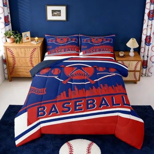Miniatura 9 de Juego de edredón con bandera de Estados Unidos, juego de ropa de cama de béisbol y sóftbol, tamaño Queen, edredón acolchado con estrellas blancas