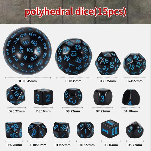 Miniatura 2 de CiaraQ DND - Juego de dados poliédricos (15 piezas) D4-D100 con bolsa de dados para juegos de mesa de rol de Calabozos y Dragones (negro y azul)