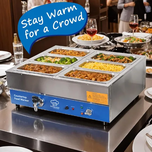 Miniatura 3 de TOPKITCH Calentador de alimentos comercial de 6 bandejas, Baño María eléctrico de acero inoxidable para encimera, mesa de vapor para buffet