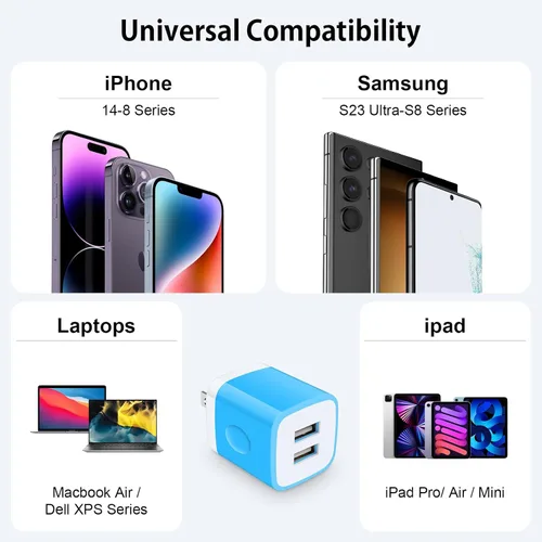 Miniatura 6 de Bloque de cargador de pared, enchufe de pared USB, paquete de 3 cubos de carga rápida USB doble cargador de teléfono celular, adaptador de corriente