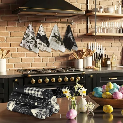 Miniatura 6 de Preboun 6 toallas de cocina con huevos de Pascua, toallas de mano retro con diseño de conejo, color negro y blanco a cuadros, paño decorativo