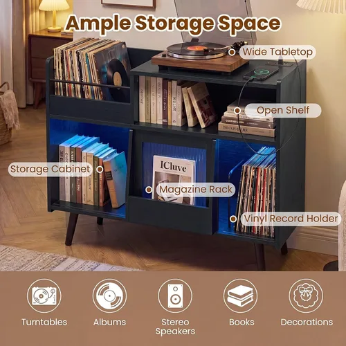 Miniatura 5 de Giantex Soporte grande para tocadiscos con luz LED, soporte para tocadiscos moderno de mediados de siglo con puerta deslizante, estación de carga