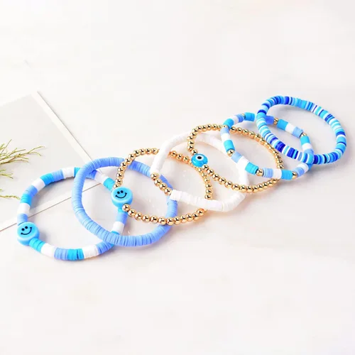 Miniatura 4 de Wonlte - Juego de pulseras de cuentas de arcilla Heishi, pulseras elásticas apilables con cuentas de mal de ojo, pulseras elásticas apilables