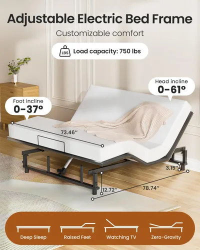 Miniatura 2 de Base de cama ajustable King con control remoto inalámbrico, fácil instalación, marco de acero resistente, motor silencioso, elevación de cabeza