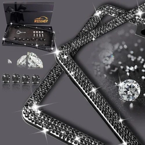 Miniatura 3 de WEDAMER Paquete de 2 marcos de matrícula negros para mujer, marco de matrícula con diamantes de imitación brillantes con purpurina deslumbrante