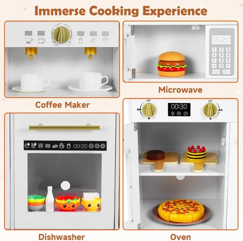 Miniatura 3 de INFANS Juego de cocina para niños, cocina de madera con luces realistas, sonidos, cafetera, lavavajillas, microondas, horno, cajones de tela Blanco