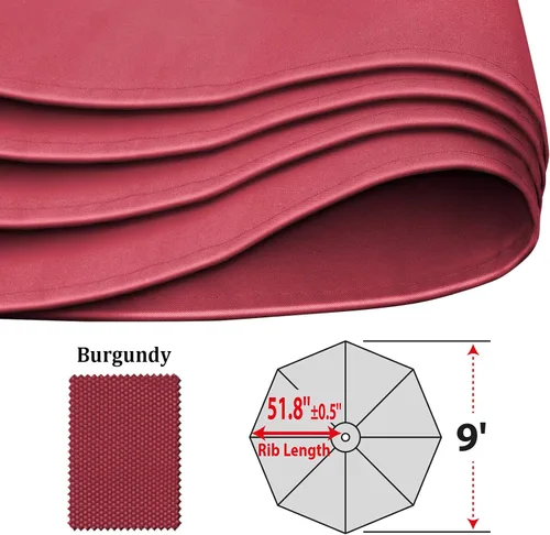 Miniatura 6 de Toldo de repuesto para sombrilla de 9 pies y 8 costillas para patio, color borgoña