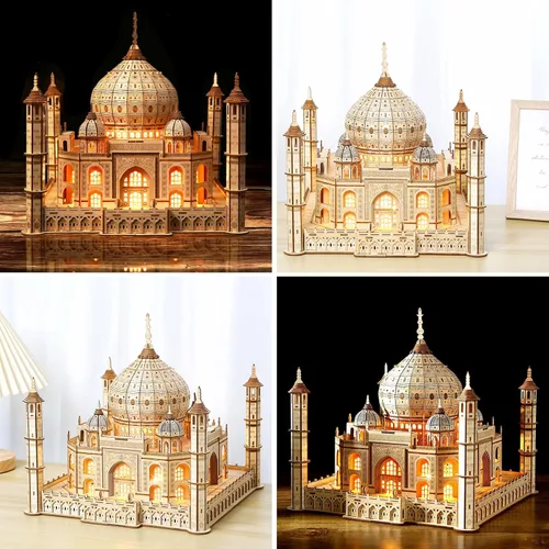 Miniatura 3 de Rompecabezas de madera 3D para adultos, modelo de madera del Taj Mahal con luz LED, kit de construcción mecánica de autoensamblaje, juego