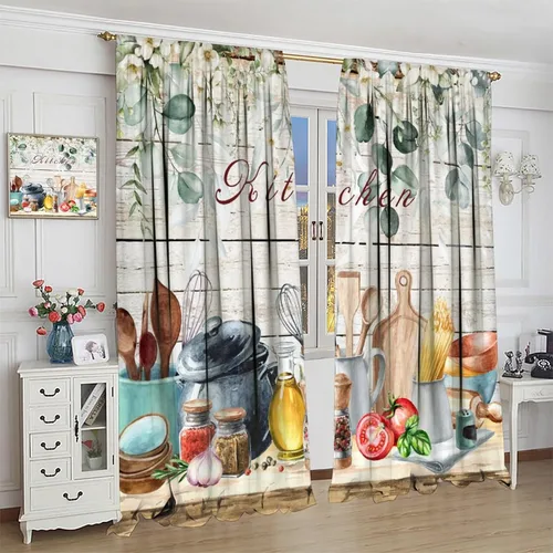 Miniatura 4 de Cortinas de cocina estilo retro, 2 paneles con bolsillo para cortinero, decoración de dormitorio, cocina, cafetería, 42 pulgadas de ancho x 45