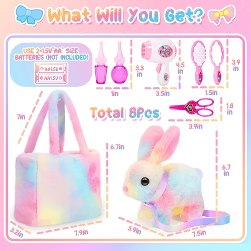 Miniatura 7 de NINAOR Juguetes interactivos de peluche para niños con bolsas de mano, conejo robot de peluche con correa que salta y orejas que se mueven, juguetes