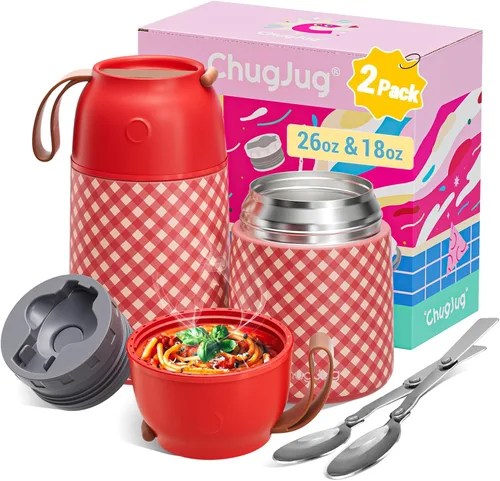 Miniatura 10 de Paquete de 2 termos para comida caliente para adultos y niños, boca ancha, tarro de alimentos aislado al vacío con cuchara, termo de sopa a prueba