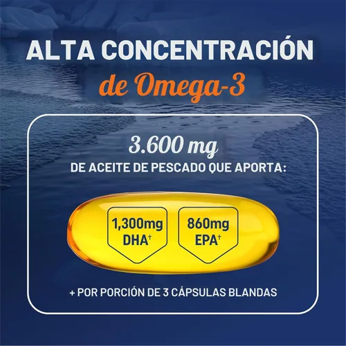 Miniatura 2 de Aceite de pescado Omega 3 de triple fuerza 3600 mg EPA y DHA Más de 2100 mg de ácidos grasos omega-3 1300 mg EPA + 860 mg DHA Los mejores