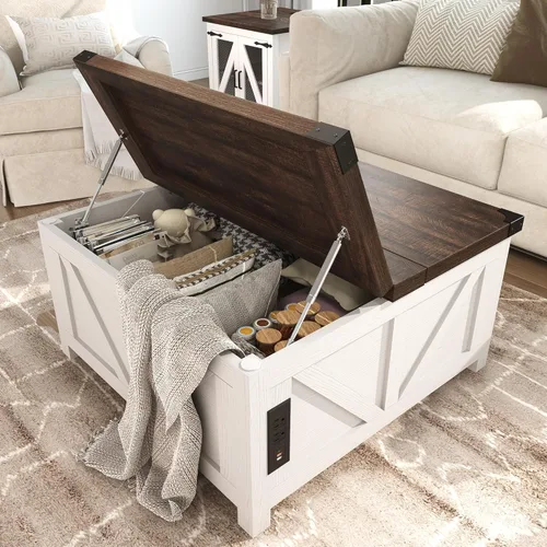 Miniatura 8 de Jimeimmen - Mesa de centro elevada de granja con almacenamiento, mesa cuadrada de centro de madera con estación de carga y puerto USB, mesa de sala