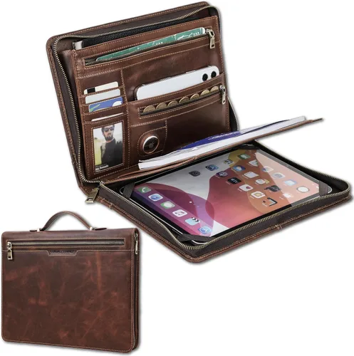 Miniatura 12 de Top Grain Leather - Padfolio de 8.3 pulgadas para hombres y mujeres, diseño vintage hecho a mano, organizador multifuncional de cartera de negocios