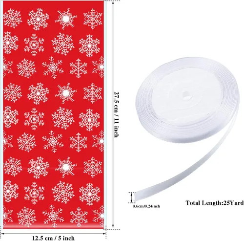 Miniatura 4 de Boao 100 piezas de bolsas de celofán para golosinas de Navidad con copos de nieve, bolsas de dulces para regalos con cinta para la fiesta de Navidad