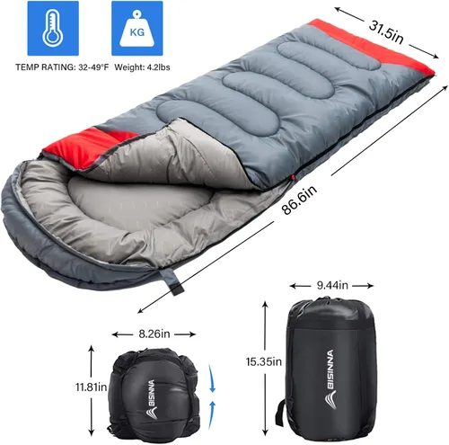 Miniatura 2 de BISINNA - Saco de dormir con almohada - Saco de dormir para 4 estaciones, ligero, impermeable, cálido y lavable para adultos, niños, mujeres, Gris
