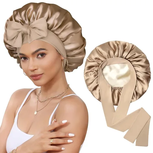 Miniatura 24 de Gorro de satén de seda para dormir, gorro de seda de doble capa con banda elástica para cabello rizado Negro+marrón