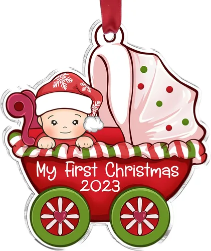 Miniatura 9 de Gossby Adorno de Navidad acrílico para la familia de 3 – Adorno de madera para la primera Navidad del bebé – Nuestra primera Navidad como familia