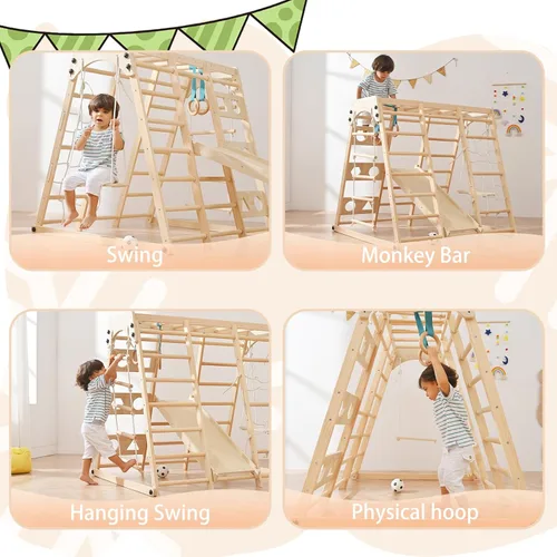 Miniatura 5 de Parque infantil 12 en 1: juego de escalada plegable para niños con tobogán, roca/red, barras de mono, tabla de dibujo, columpio y juego de pickler