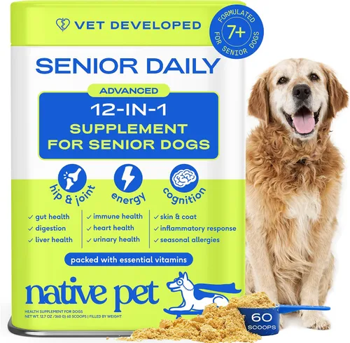 Miniatura 12 de Native Pet Vitaminas y Suplementos para Perros - Polvo de Vitaminas 11-en-1 para Complemento de Comida de Perro - Colágeno, Glucosamina