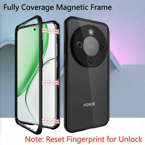 Miniatura 2 de QUIETIP Funda magnética para Honor Magic 8 Lite/Honor X9d, marco de metal de doble cara cubierta de vidrio templado transparente, negro