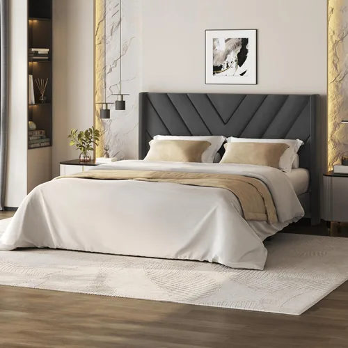 Miniatura 15 de Yaheetech Base de cama tamaño Queen con plataforma tapizada con cabecera con lados en forma de ala/soporte de listones de madera/cabecera tapizada