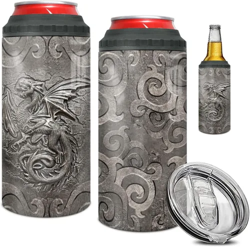 winorax Vaso de dragón 4 en 1 para enfriar latas estilo metal Fossil Dragon Lover Viking Celta, taza de viaje de 12 onzas de acero inoxidable