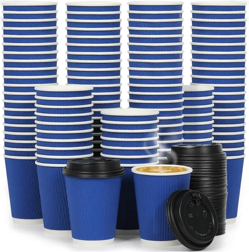 Miniatura 52 de Paquete de 100 tazas de café desechables de pared ondulada corrugada de 16 onzas con tapas y pajitas, tazas aisladas resistentes para bebidas