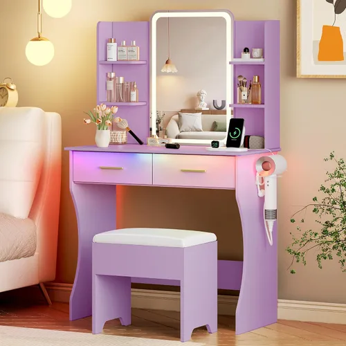 Miniatura 15 de Escritorio de tocador con espejo con luces LED y toma de corriente, pequeño juego de mesa de tocador de maquillaje con cajones de almacenamiento