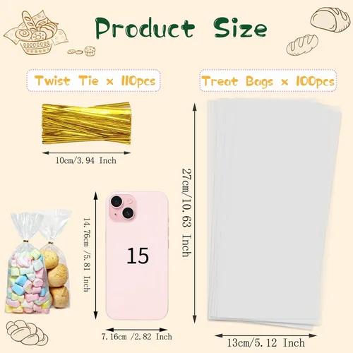 Miniatura 2 de QOIUSO 100 bolsas de celofán: bolsas de celofán transparentes de 5 x 11 pulgadas para dulces, aperitivos, galletas, postres, panadería, envoltura