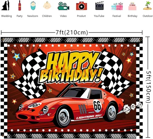 Miniatura 2 de Telón de fondo de feliz cumpleaños de 7 x 5 pies, cartel de fiesta de coche de carreras, pista de carreras, fondo de fotos a cuadros negros