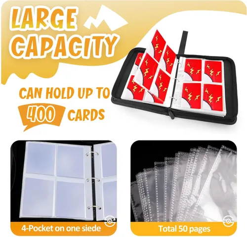 Miniatura 4 de GOROMA Carpeta de tarjetas con 4 bolsillos, 400 bolsillos con 50 fundas extraíbles, soporte para álbum con cremallera para coleccionista de Rojo