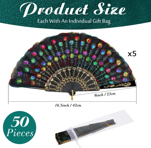 Miniatura 3 de Geetery 50 abanicos de mano plegables a granel para mujeres, abanicos plegables chinos decorativos de mano con diferentes patrones de flores