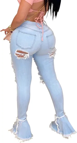 Miniatura 2 de Pantalones rotos acampanados para mujer con cintura elástica y dobladillo deshilachado