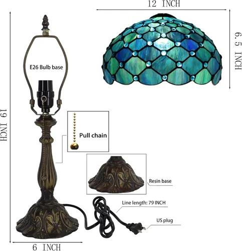 Miniatura 3 de Tiffany Lamp Stained Glass Table Lamp Bedside Reading Light W12H19 Inches (Sea Blue Pearl Style)