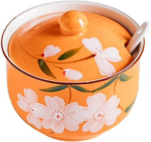 Miniatura 8 de FUYU Tarro de condimentos de cerámica con flores pintadas a mano con tapa y cuchara, recipiente para azúcar Azul