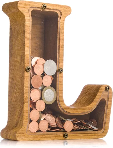 Miniatura 24 de Alcancía de madera personalizada con letra para niños, niñas y adultos, bancos de monedas de madera de roble duradero, 3 tamaños para elegir