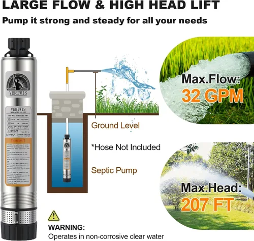 Miniatura 3 de Bomba de Tanque Séptico 4" Sumergible Cisterna de Efluentes Bomba de Pozo Profundo con Fondo Resistente a Obstrucciones 33FT UL Cord Acero