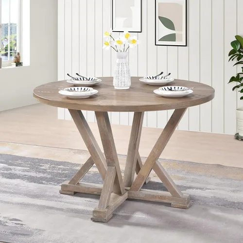 Miniatura 10 de Mesa de comedor redonda para 4-6 personas con estante de almacenamiento, base de madera maciza, diseño de dos tonos, mesa de cocina redonda ideal