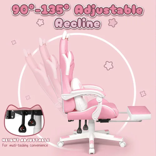 Miniatura 7 de PUKAMI Silla de juegos rosa linda con orejas de gato y cojín lumbar de pata de gato, silla ergonómica para computadora para niña con reposapiés