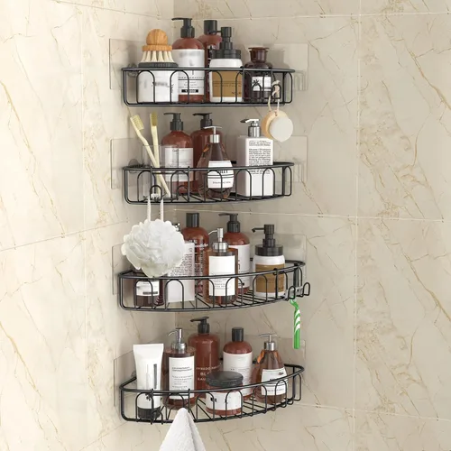 Miniatura 9 de Orimade Estante de ducha de esquina de acero inoxidable con ganchos, estante de baño montado en la pared, organizador de almacenamiento adhesivo
