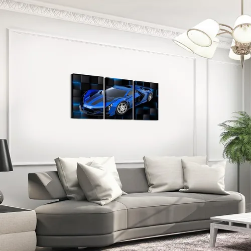 Miniatura 3 de Feelyou Cuadro azul de carreras para pared, 12 x 16 pulgadas, 3 piezas de autos deportivos de velocidad, lienzo para decoración de pared, diseño